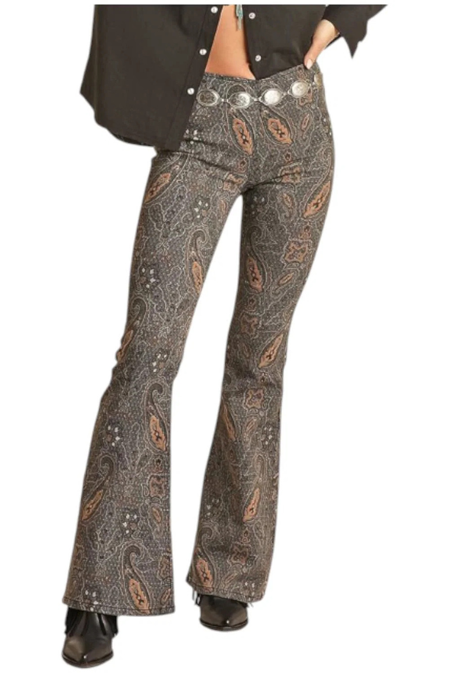 Rock and Roll Women's Cowgirl Paisley Pull-On Flare Black - Regular
